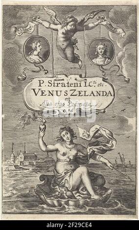 Venus on shell with burning heart and arrow floats for coast of Zeeland, above two medallions with portraits of cloas and blondae and cartouche with title detained by amor; Title page for: Venus Zelanda et alia Ejus Poëmata, The Hague 1641; Venus Zelanda et alia Ejus Poëmata .. Stock Photo
