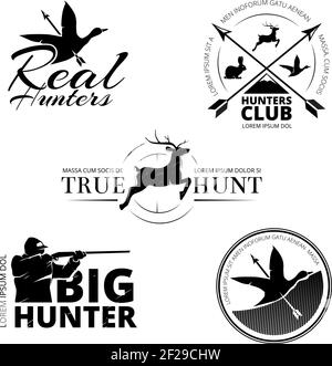 Hunting club vector labels, logos, emblems set. Animal deer and rifle, aim and reindeer illustration Stock Vector