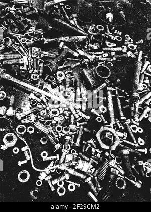 Distressed overlay texture of rusted peeled metal, bolts, female internal screw, pin, nuts, nobnail, nail. grunge background. abstract halftone vector Stock Vector
