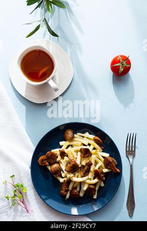 Delicious Breakfast, Pasta With Fried Mushrooms And Broccoli, Green 