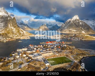 Aerial view of football field of Reine fisher village on Lofoten Islands in Norway Stock Photo
