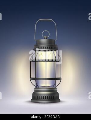 Vector vintage black metal burning lantern front view isolated on dark blue background Stock Vector