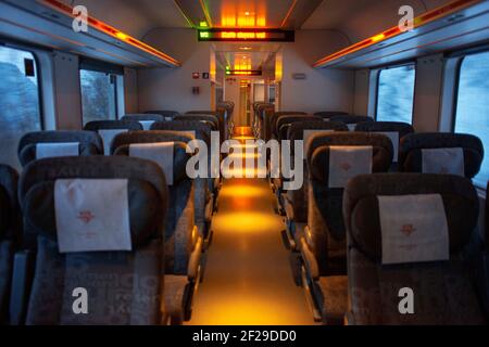 Inside Arctic circle train from Bodo to Trondheim, Nordland, Norway.   At 729 kilometres, the Nordland Railway is Norway’s longest. The journey presen Stock Photo