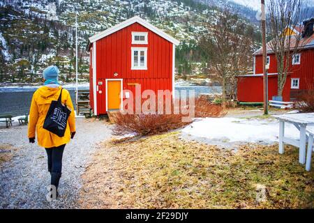 Colorful red Fishing Warehouses, Mosjoen, Nordland, Norway Stock Photo