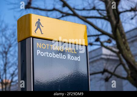 London- March 2021: LONDON- Portobello Road  Notting Hill sign. A famous London street location with a vibrant street market. Stock Photo