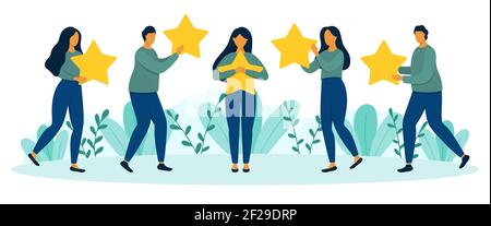 Standing people hold stars in hands. Customer satisfaction, customer review, positive feedback, five stars rank concept. Flat style vector illustratio Stock Vector