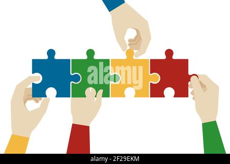 Hands assembling jigsaw puzzle pieces. Teamwork connection, idea connect, solve and success, vector illustration Stock Vector
