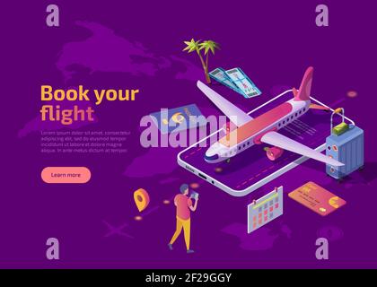 Book your flight isometric landing page. Man standing with gadget in front of smartphone and buying tickets for travel by aircraft. 3d vector web banner with plane, bank card, suitcase and passport. Stock Vector