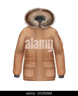 Vector brown sport winter coat with fur hood front view isolated on white background Stock Vector