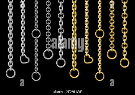 Silver and gold metal chains hanging vertically isolated on black background. Vector set of steel chains with different shapes and sizes of links. Realistic connected stainless rings, upright jewelry. Stock Vector