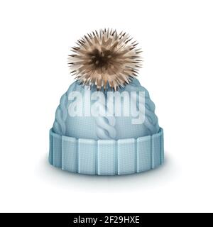 Vector blue winter knitted cap with pom-pom side view isolated on white background Stock Vector