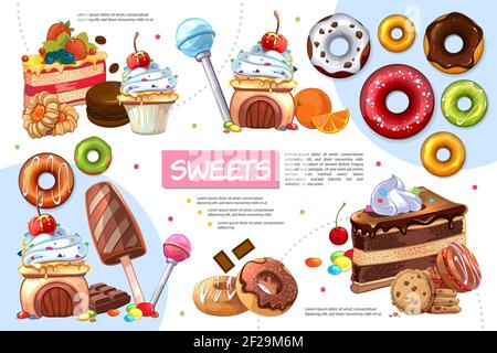 Flat sweet products infographic template with cakes donuts lollipops colorful candies ice cream chocolate bars biscuits macaroons vector illustration Stock Vector