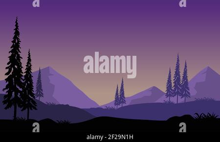 Gorgeous night view of the mountains under a stunning purple sky. Vector illustration of a city Stock Vector