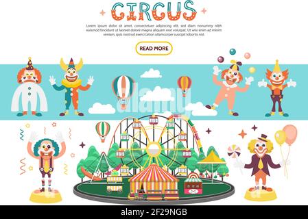 Flat circus concept with amusement park hot air balloons and clowns in different costumes perform various funny activities vector illustration Stock Vector