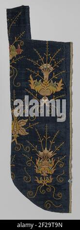 Kazuifel, fragment, with silk and gold thread embroidered flowers. Fray, Fragment, With Silk and Gold Thread Embroidered Flowers on Blue Velvet Stock Photo