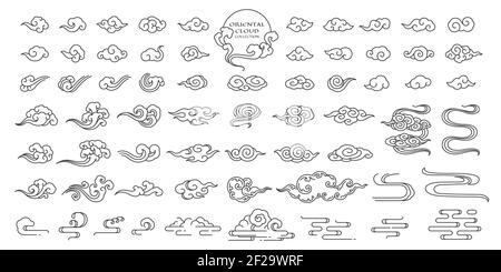 Set of oriental cloud illustration. Chinese clouds elements. Linear hand draw clip art. Japanese,Thai,Tibetan,Korean style. Traditional,contemporay,mo Stock Vector