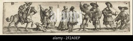 Fries met mannen, vrouwen en soldaten.Frisian with five couples. A falconer with woman on horseback, four standing people, two soldiers, a woman and a man sitting on a tree stump. Stock Photo