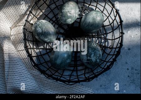 Happy Easter. Stylish easter grey eggs. Series of eggs with marble stone effect painted Stock Photo