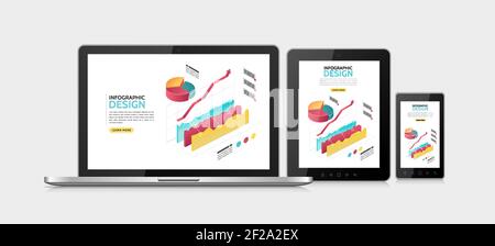 Isometric infographic adaptive design template with colorful 3d diagrams charts graphs on laptop mobile and tablet screens isolated vector illustratio Stock Vector