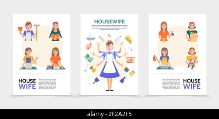 Flat housewife posters with super mom and women doing different household activities and affairs isolated vector illustration Stock Vector