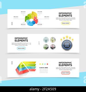 Realistic infographic horizontal banners with colorful charts marketing pyramid business icons and information indicators vector illustration Stock Vector