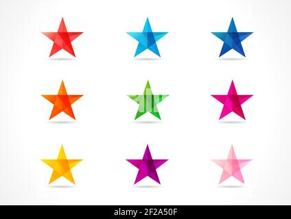 Set of  stained-glass colored celebrating stars. Shining mosaic decorative star icons in various colors. Red, blue, orange, pink, violet, purple, yell Stock Vector