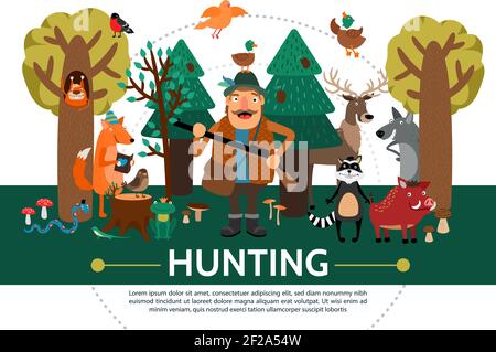 Flat hunting template with smiling hunter squirrel fox reading book different birds frog snake lizard raccoon wolf deer wild boar in forest vector ill Stock Vector