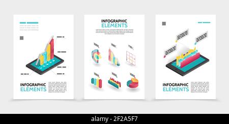 Isometric business infographic posters with 3d colorful diagrams charts graphs on tablet screens isolated vector illustration Stock Vector
