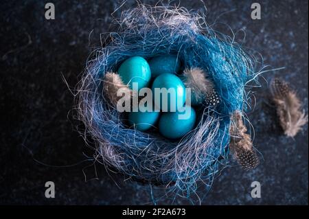 Mystical coloring Easter eggs with twigs in a decorative nest on blue background. Background with copy space. Selective focus Stock Photo