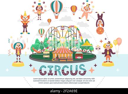 Flat circus carnival round composition with amusement park attractions funny clowns juggling balls and performing acrobatic tricks vector illustration Stock Vector