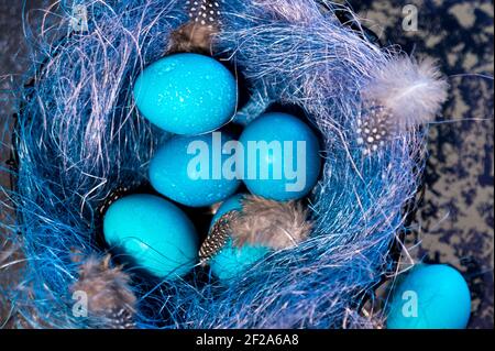 Mystical coloring Easter eggs with twigs in a decorative nest on blue background. Background with copy space. Selective focus Stock Photo