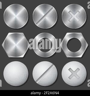 Screws, nuts and bolts realistic icons set. Rivet and bolt, crosshead and hex, fix gear, vector illustration Stock Vector