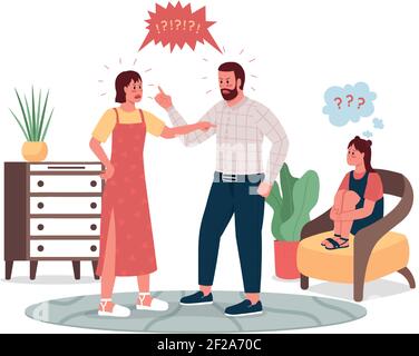 Arguing parents and upset child flat color vector detailed characters Stock Vector