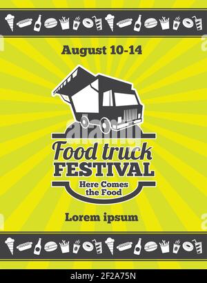 Street food festival design of vector poster. Banner truck festobal food, poster food festival illustration Stock Vector