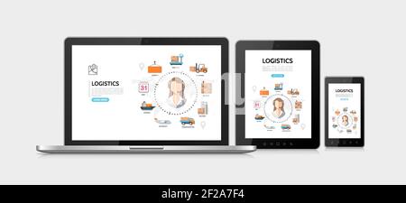 Flat delivery service adaptive design concept with different steps of logistic process on tablet phone laptop screens vector illustration Stock Vector