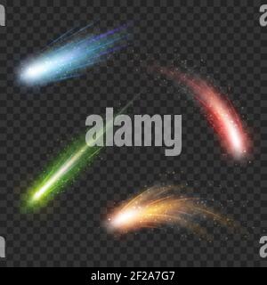 Color vector meteor and comet on transparent plaid background. Fall star in space, fantasy science in cosmos, asteroid color in galaxy Stock Vector