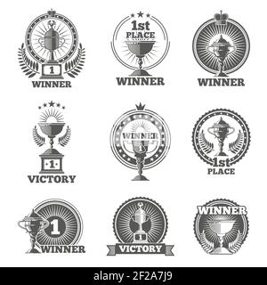 Victory trophies and awards vector logos, badges, emblems. Win cup sport, champion stamp, vector illustration Stock Vector