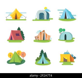 Tourist tents vector set in flat style. Recreation adventure, equipment for vacation outdoor, tourism activity illustration Stock Vector