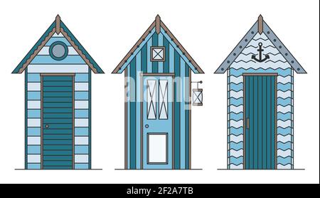 Set of beach houses. Huts and bungalow collection. Marine buildings on sea beach. Flat illustration isolated on white background. Stock Vector
