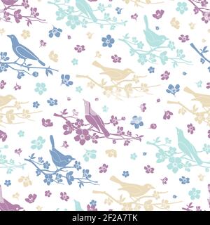 Birds and twigs seamless pattern. Flower and branch, decoration love and romantic, design floral, vector illustration Stock Vector