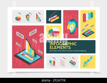 Isometric abstract infographic concept with colorful business diagrams graphs 3d bars and charts vector illustration Stock Vector