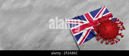 Global healthcare crisis in Covid-19 outbreak and vaccine concept: 3d render coronavirus bacteria cell on UK, British flag with copy space Stock Photo