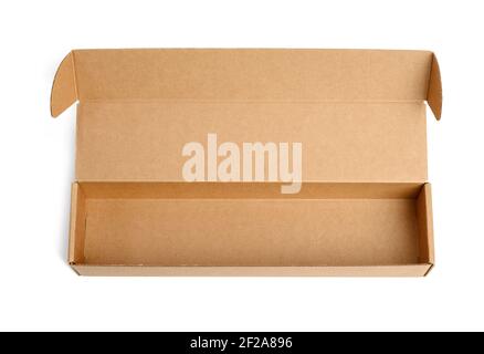 empty narrow rectangular open cardboard box isolated on white background, top view Stock Photo
