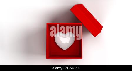 Isolated open red square gift box in 3D render with dropped shadow on white background concept: Glossy and bright heart shape. Graphic illustration Stock Photo