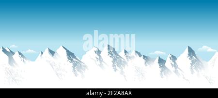 Snowy high mountains. Rocky Mountains. Blue sky. Mountain snowy landscape. Highlands. Stock Vector