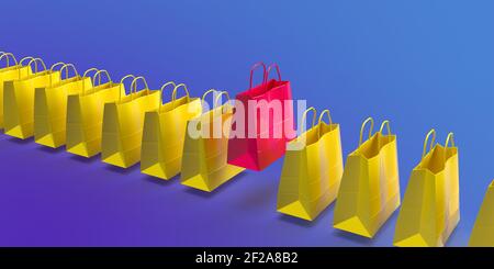 Global eCommerce, online trade and consume concept: Many 3D rendered yellow shopping bags on purple background with copy space. One authentic pink box Stock Photo