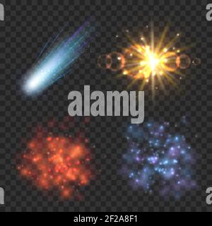 Space stars, comet and explosion on transparence checkered background. Star light, explosion comet, star galaxy, nebula and explosion meteor illustrat Stock Vector