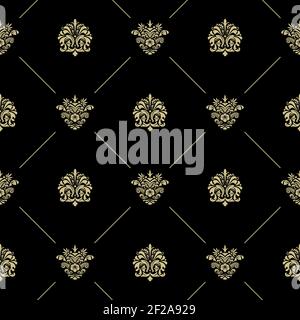 Golden royal baroque vintage seamless pattern. Black wallpaper with lines and flowers Stock Vector