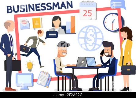 Flat business composition with businessmen managers negotiation computer office workplace letter documents clock globe calendar lightbulb icons vector Stock Vector