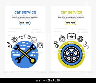 Car service vertical banners with wrenches motor oil brake disc automobile steering wheel speedometer gears battery tire electric plug line icons vect Stock Vector